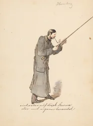 Homme en long manteau militaire avec un bâton